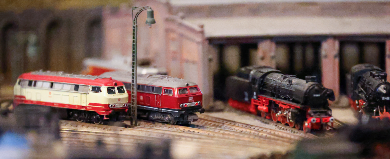 Zwei Modelleisenbahnen, eine rot-beige und eine schwarze Lok, in einer Modellbahnanlage.